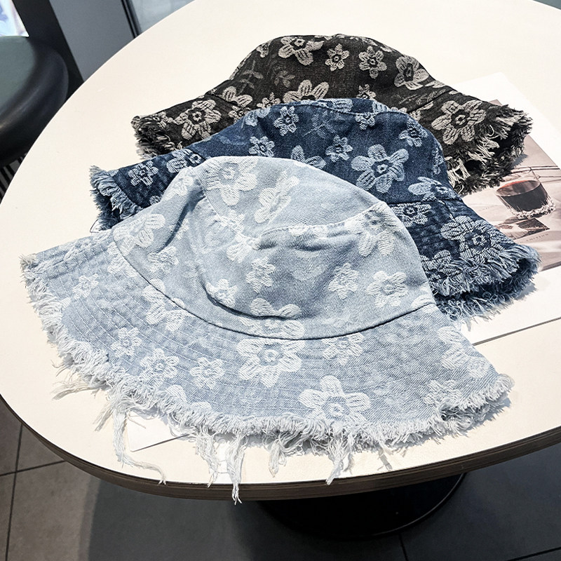 韩版ins花朵印花牛仔毛边渔夫帽子女春夏遮阳防晒百搭显脸小盆帽