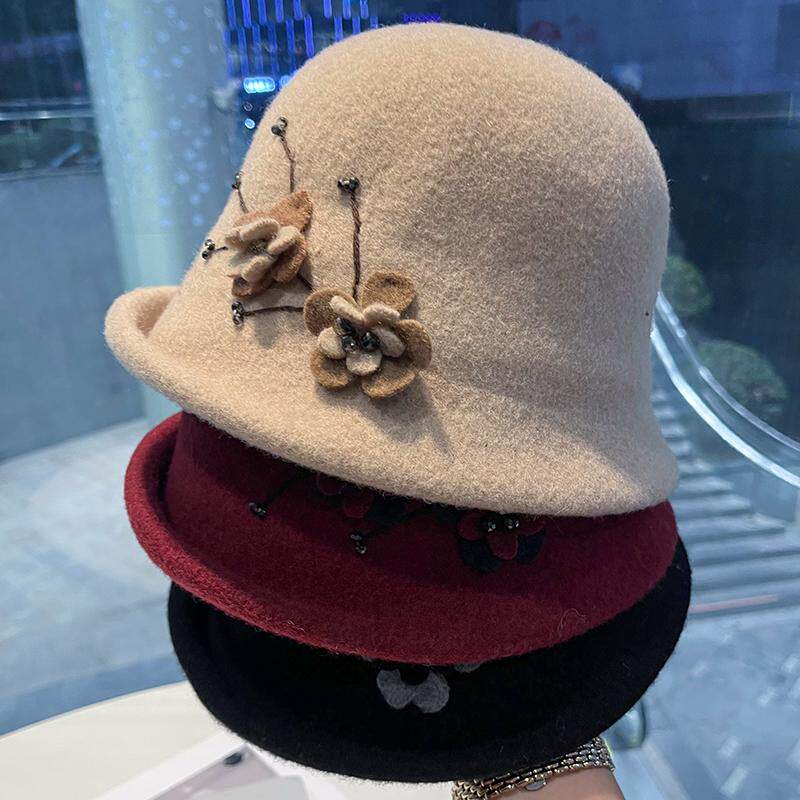 纯羊毛盆帽女秋冬优雅保暖渔夫帽英伦复古洋气卷边中老年人妈妈帽