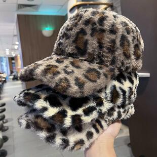 韩版豹纹棒球帽女秋冬加厚保暖毛绒帽子时尚休闲仿兔毛绒鸭舌帽潮