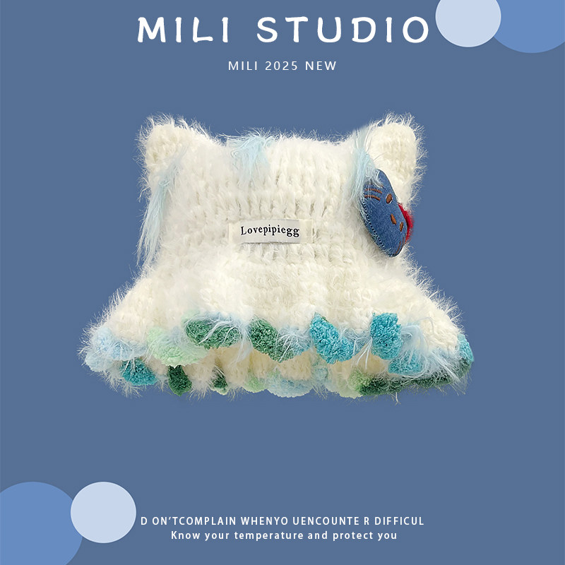 2026新款可爱猫耳毛绒针织帽子女秋冬季保暖护耳显脸小防寒毛线帽