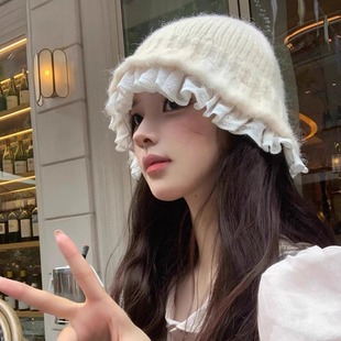 韩版 甜美显脸小盆帽百搭毛线帽子女 潮蕾丝花边针织渔夫帽女秋冬季