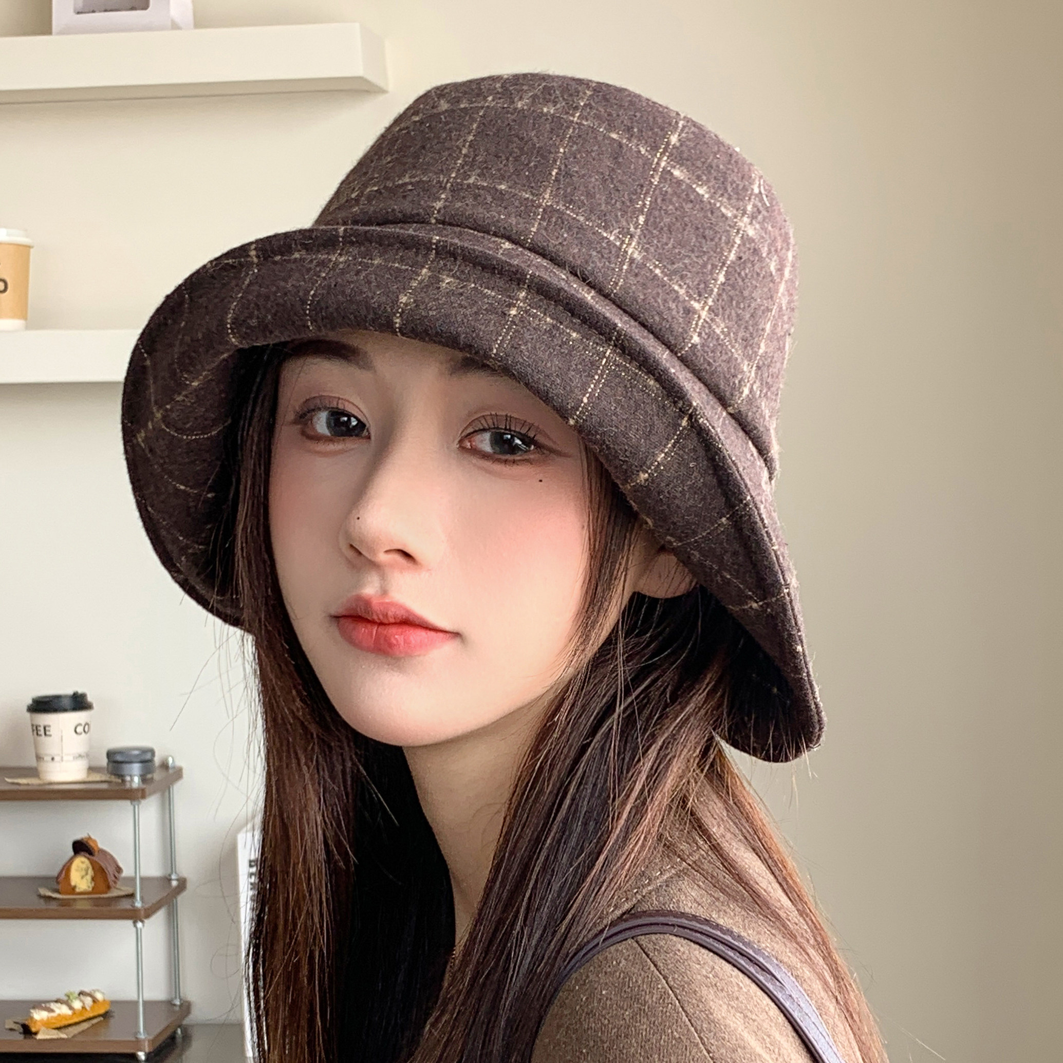 秋冬保暖格纹毛呢蝴蝶结渔夫帽女