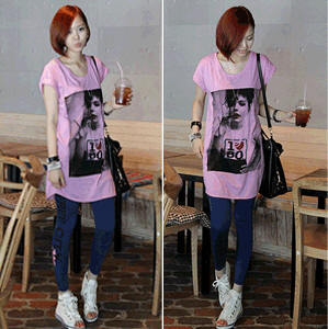 中长款宽松T恤棉短袖通勤人物图案简约休闲运动T恤圆领套头粉紫色