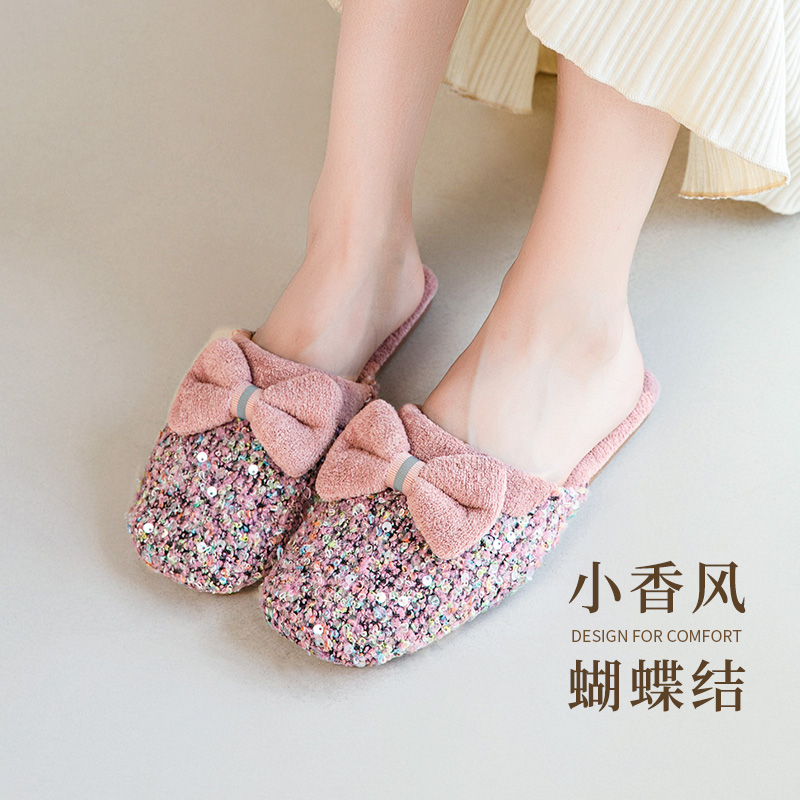 秋冬轻奢小香甜美亮片加绒保暖棉拖鞋女防滑牛筋底可爱居家鞋时尚