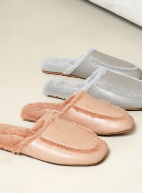 清库！捡漏高级感防水PU皮棉拖鞋女情侣毛绒保暖防滑牛筋底轻便男