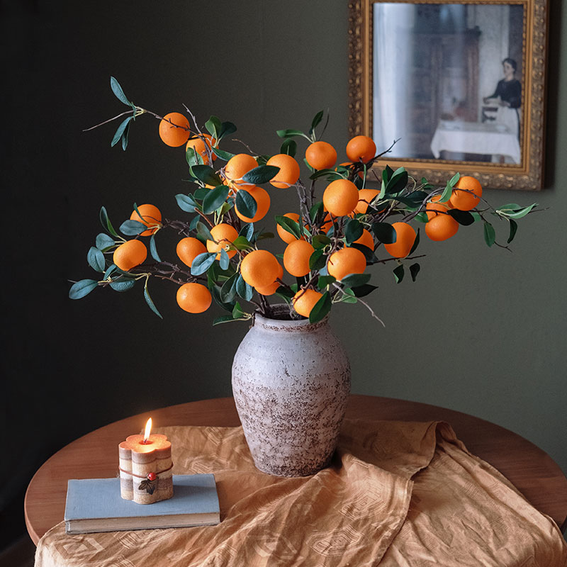 仿真桔子水果树枝客厅假花装饰橘子寓意大吉大利干枝玄关送礼摆件