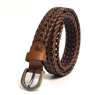 免打孔女士皮带纯牛皮真皮腰带手工编织透气休闲百搭简约老人裤 带