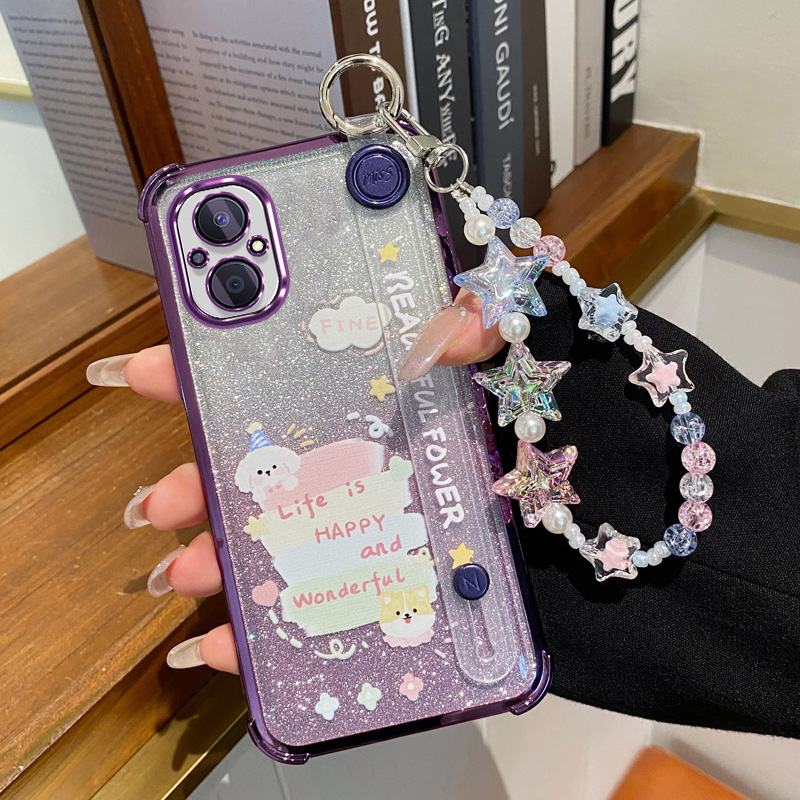 适用oppoA96手机壳腕带oppo保护A96硅胶套渐变闪粉5G全包防摔软壳oppa女卡通新款oopoa小众ins风965g支架手链
