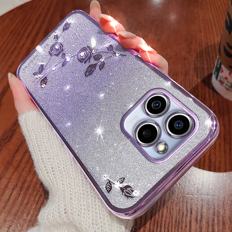 荣耀60se手机壳渐变闪粉玫瑰