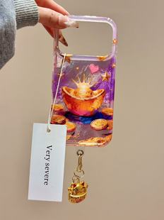 锡纸纹晕染油画金元宝金币挂件适用苹果17promax手机壳16iphone15 · 苹果15pro 晕染紫金元宝金币