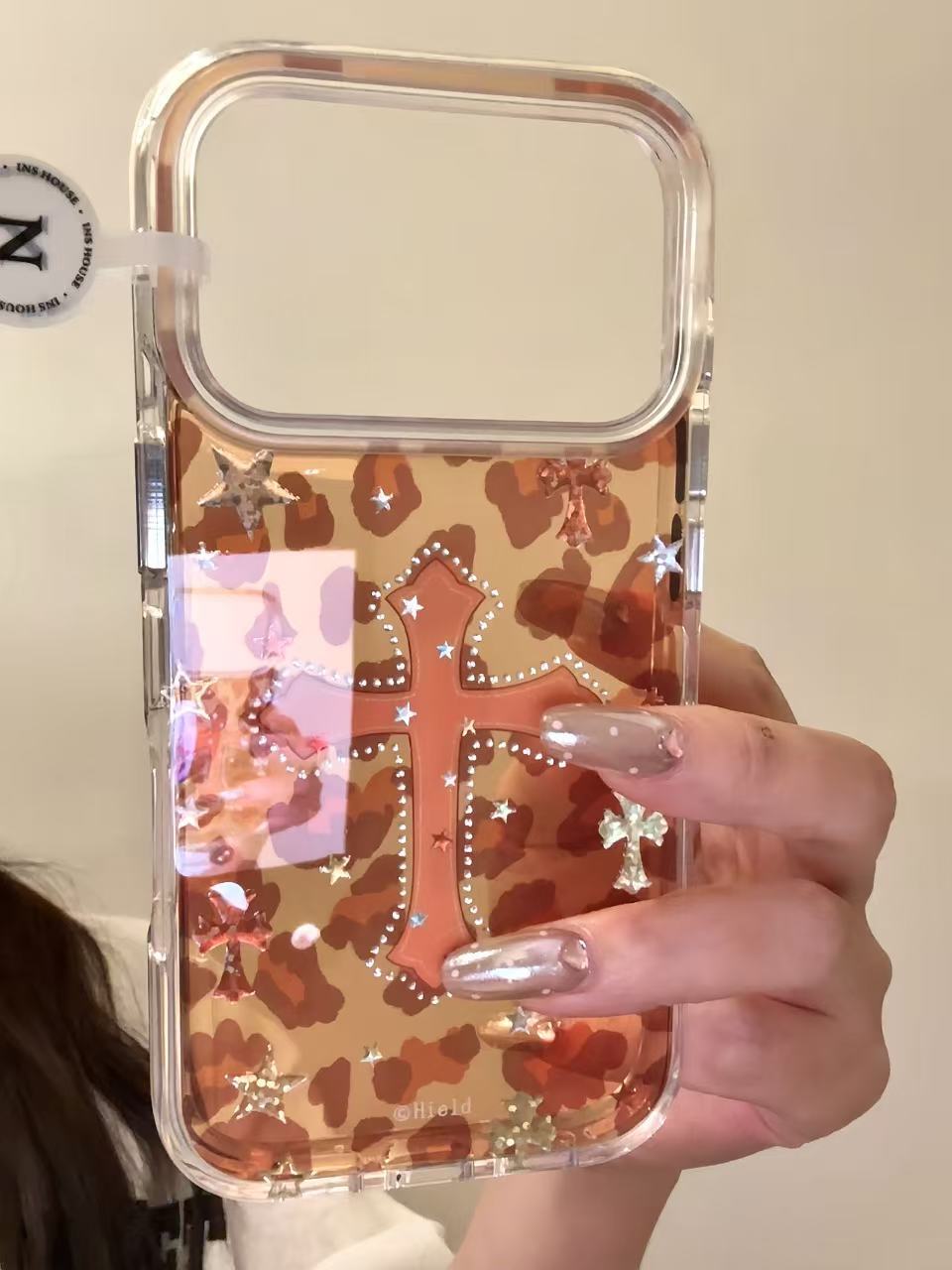 个性复古透棕豹纹鎏金星星十字架适用ihone17promax苹果16p手机壳 · 苹果15pro