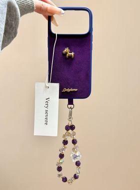 高级紫色绒布立体小金马手拎绳适用苹果17promax手机壳15iphone16 · 苹果17pro 紫底立体小金马