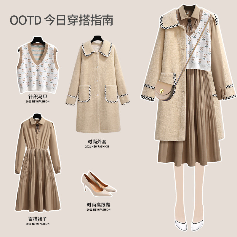 灯芯绒复古长袖衬衫连衣裙2021秋冬季新款配大衣马甲两件套打底裙