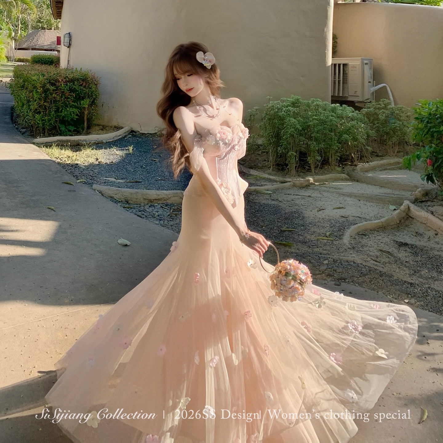 SISI JIANG&ldquo;少女花筏 &rdquo;法式复古鱼骨收腰立体花朵上衣鱼尾裙