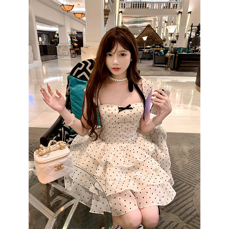 SISI JIANG夏季甜妹法式波点露背约会聚餐礼服蓬蓬裙