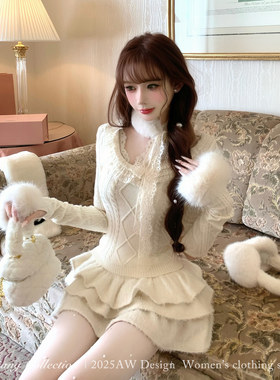 SISI JIANG“杏仁烤奶”千金少女感蕾丝花边针织花纹上衣毛呢短裙