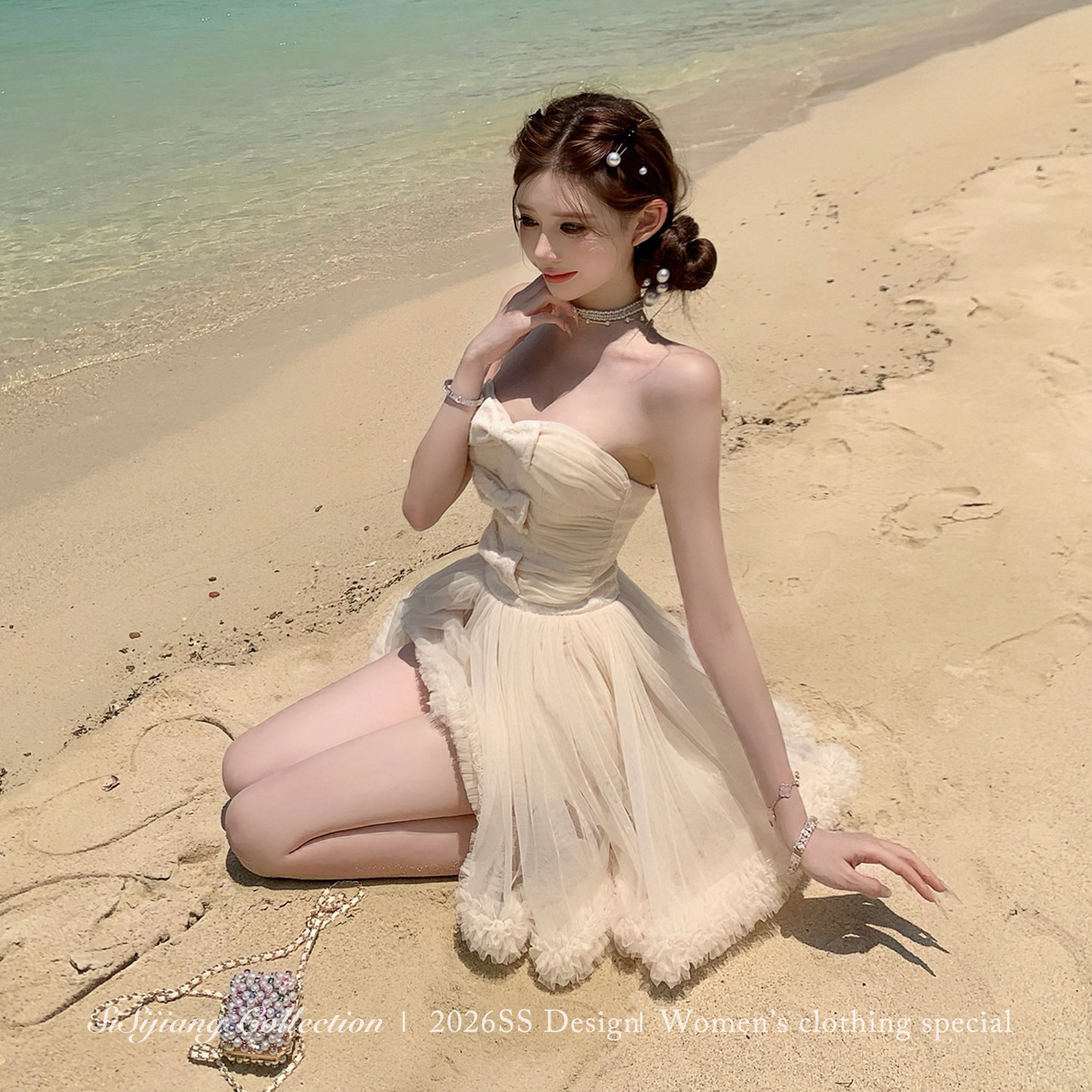 SISI JIANG"软雾甜纱"法式优雅精致花纹气质高腰公主蓬蓬连衣裙