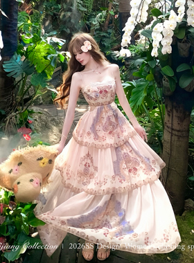 SISI JIANG“粉黛金枝”氛围感绝美波西米亚度假显瘦A字连衣裙