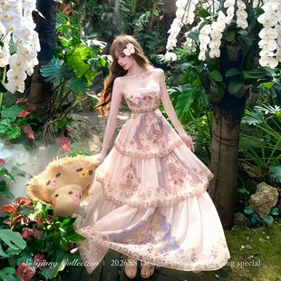 SISI JIANG“粉黛金枝”氛围感绝美波西米亚度假显瘦A字连衣裙