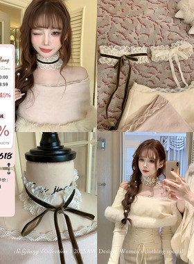 SISI JIANG“日系姐姐choker”复古宫廷风白色蕾丝蝴蝶结系带项链