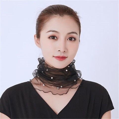 时尚珍珠面罩围脖套头女夏薄款口罩潮流防晒遮脸网纱小丝巾护颈椎