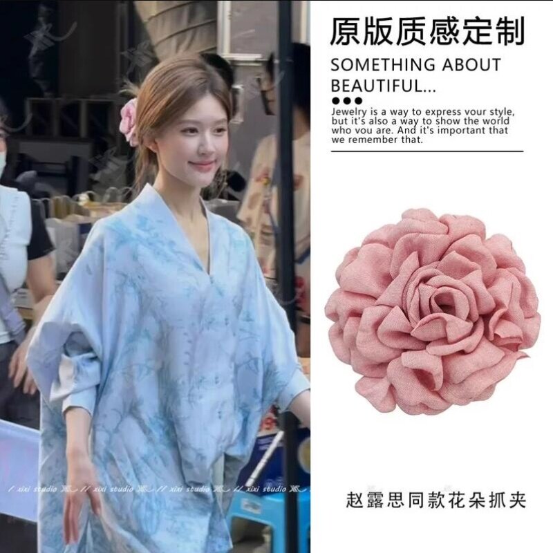 玫瑰花头饰红色花朵抓夹大号鲨鱼夹女新款高端红花半扎发夹子发卡