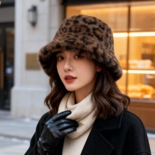 豹纹渔夫帽毛绒帽子女秋冬季保暖高级感冬款盆帽显脸小水桶帽时尚