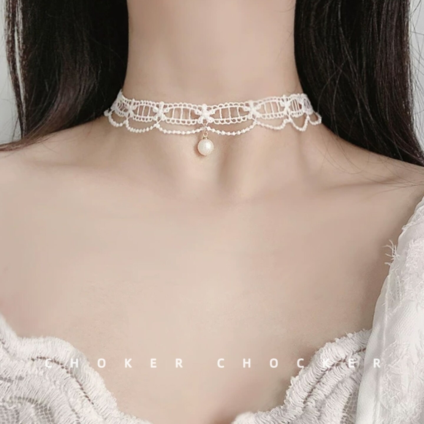 蕾丝锁骨链白色珍珠choker颈链锁骨链女复古超仙小众新款甜美项链