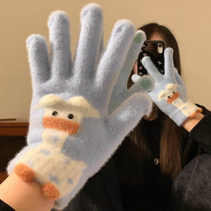 手套女士冬加厚可爱触屏毛绒针织五指女冬季保暖加绒学生骑车防寒