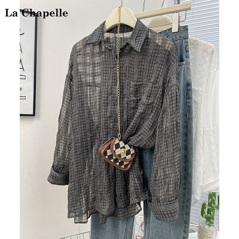 拉夏贝尔/La Chapelle2025年春季薄款微透冰丝防晒格子衬衫上衣女