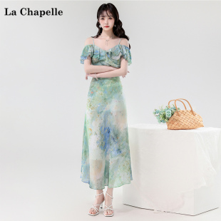 拉夏贝尔 Chapelle海边度假荷叶边晕染一字肩连衣裙子中长裙女