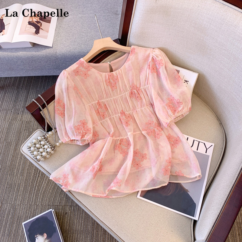 拉夏贝尔/La Chapelle2025夏季甜美褶皱印花衬衫气质减龄百搭衬衣