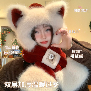 帽子围巾一体女款2025新款冬季可爱毛茸茸大头围加厚骑车防风围脖