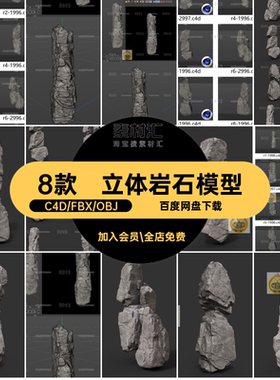 8个自然竖行灰色岩石山石c4d模型3d立体fbx素材obj格式低模带贴图