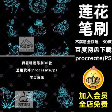 procreate笔刷中国风荷叶荷花莲花睡莲花卉植物插画ps笔刷素材