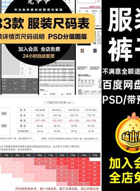 133款尺寸码表分层PSD服装女装素材设计模板页鞋子表尺男大小详情