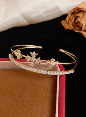 欧美个性时尚跨境满钻十字架双层开口手镯轻奢百搭高级感超闪