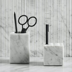 北欧简约现代天然大理石笔筒 设计师办公室桌面书房创意收纳摆件