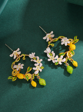 新潮时尚水果珐琅釉白色花朵黄色柠檬流苏坠圆形耳圈925银针耳环