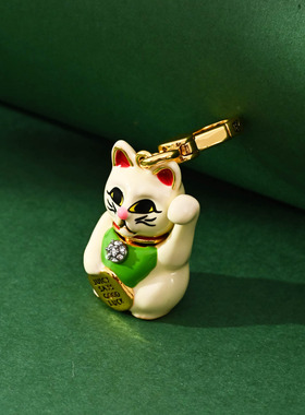 珐琅釉镶钻可打开招财猫吊坠项链