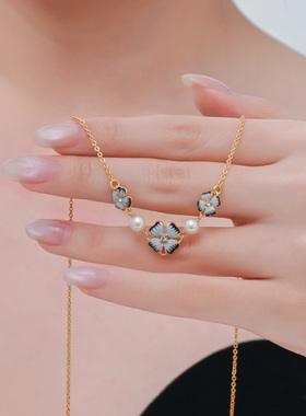 珐琅镶钻四叶草花朵珍珠锁骨项链