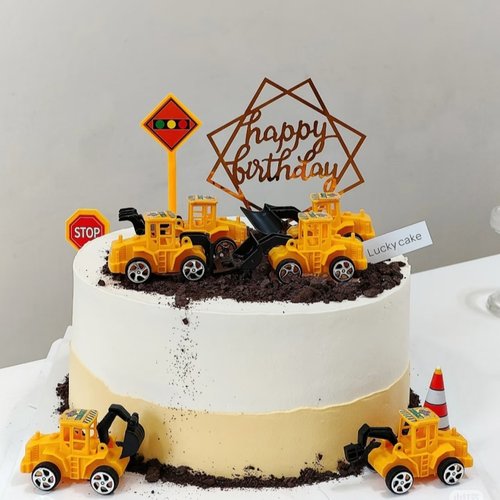 工程车蛋糕装饰摆件男孩生日挖掘机推土机路障烘焙生日装饰插件