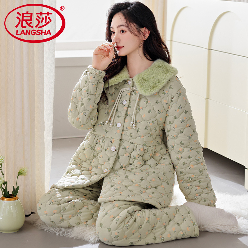 浪莎纯棉夹棉睡衣女加厚保暖套装