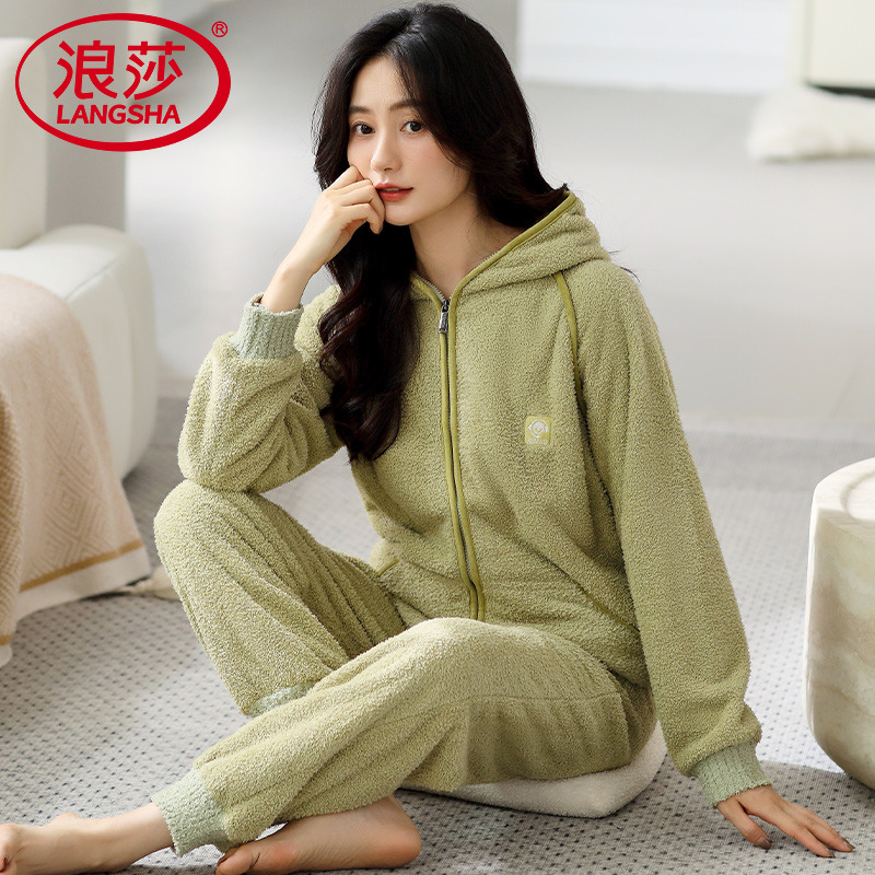 浪莎半边绒睡衣女加厚保暖套装