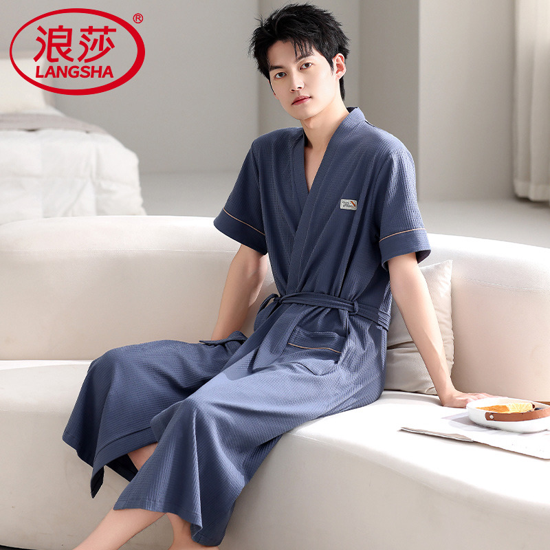 浪莎睡袍男夏季纯棉短袖薄款速干浴袍2025新款男款中长款浴衣晨袍