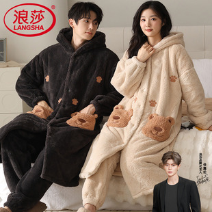 浪莎珊瑚绒情侣睡衣女秋冬季 加绒加厚浴袍卡通可爱家居服 睡袍男士