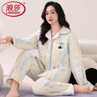 家居服套装 2025新款 三层加厚加大码 浪莎纯棉加绒夹棉袄睡衣女冬季