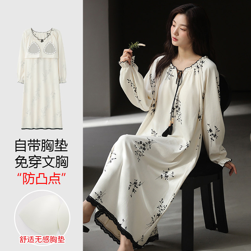 浪莎睡裙女春秋季纯棉长袖长裙2025新款高级感孕妇睡衣带胸垫一体,女士内衣/男士内衣/家居服,睡裙,淘宝优惠券,粉丝福利购,淘宝优惠卷