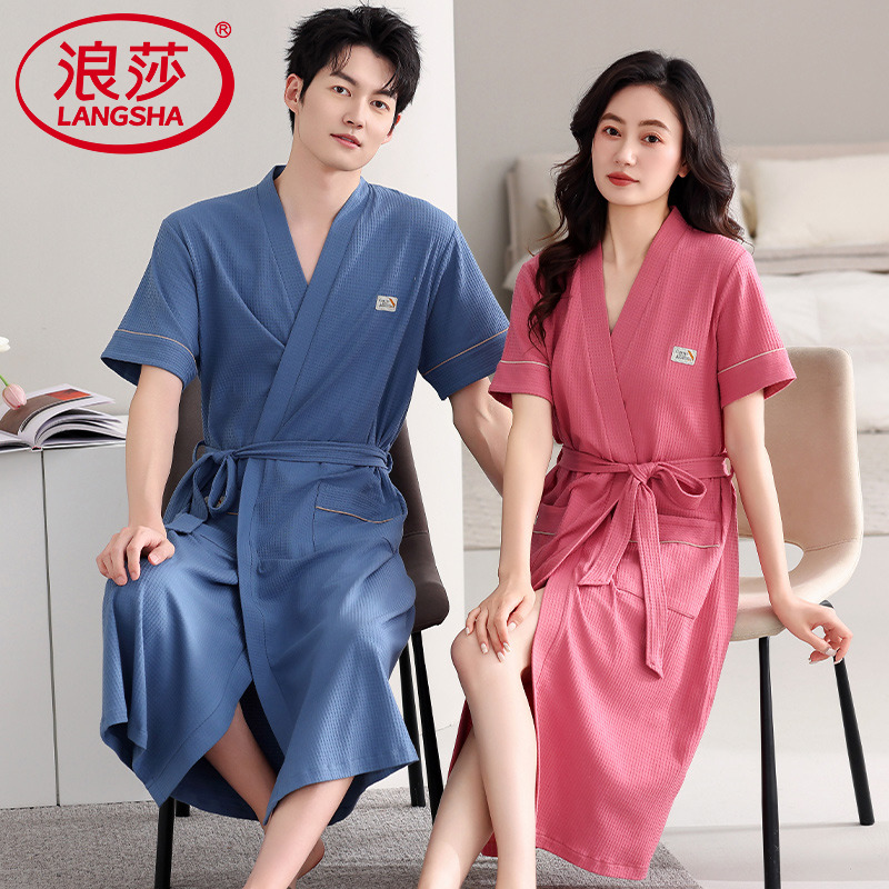 浪莎睡袍夏季纯棉短袖浴衣薄款情侣装家居服一男一女全棉酒店浴袍