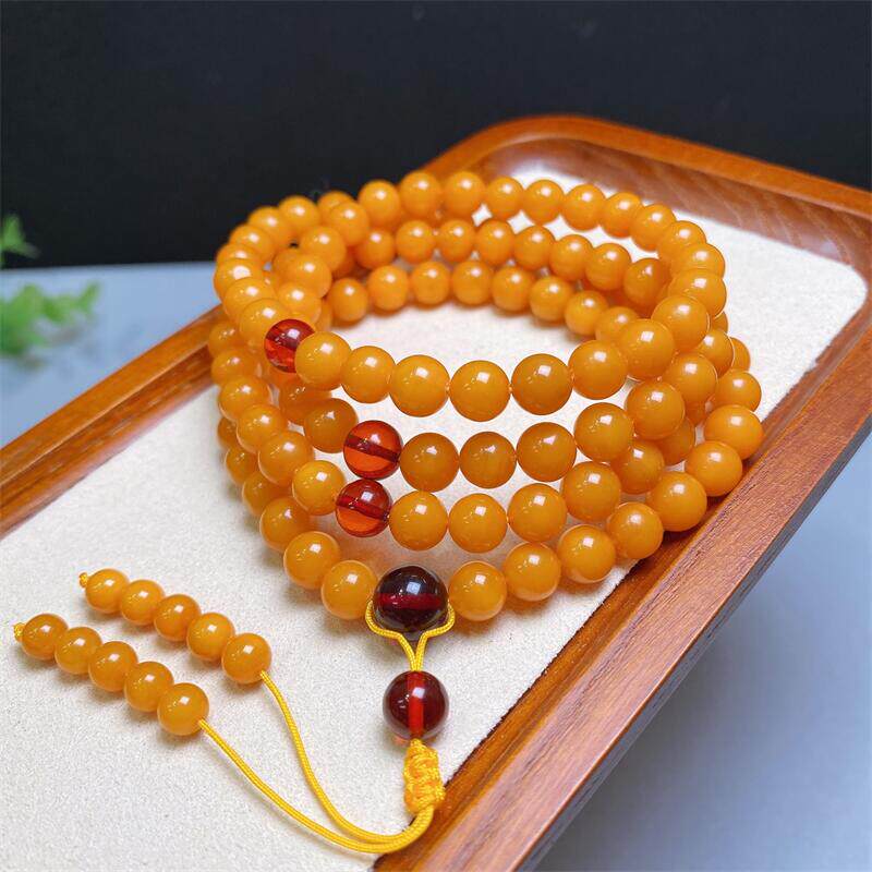 天然俄料原矿鸡油黄蜜蜡108佛珠手链手串7.6mm无优化无烤色琥珀颂